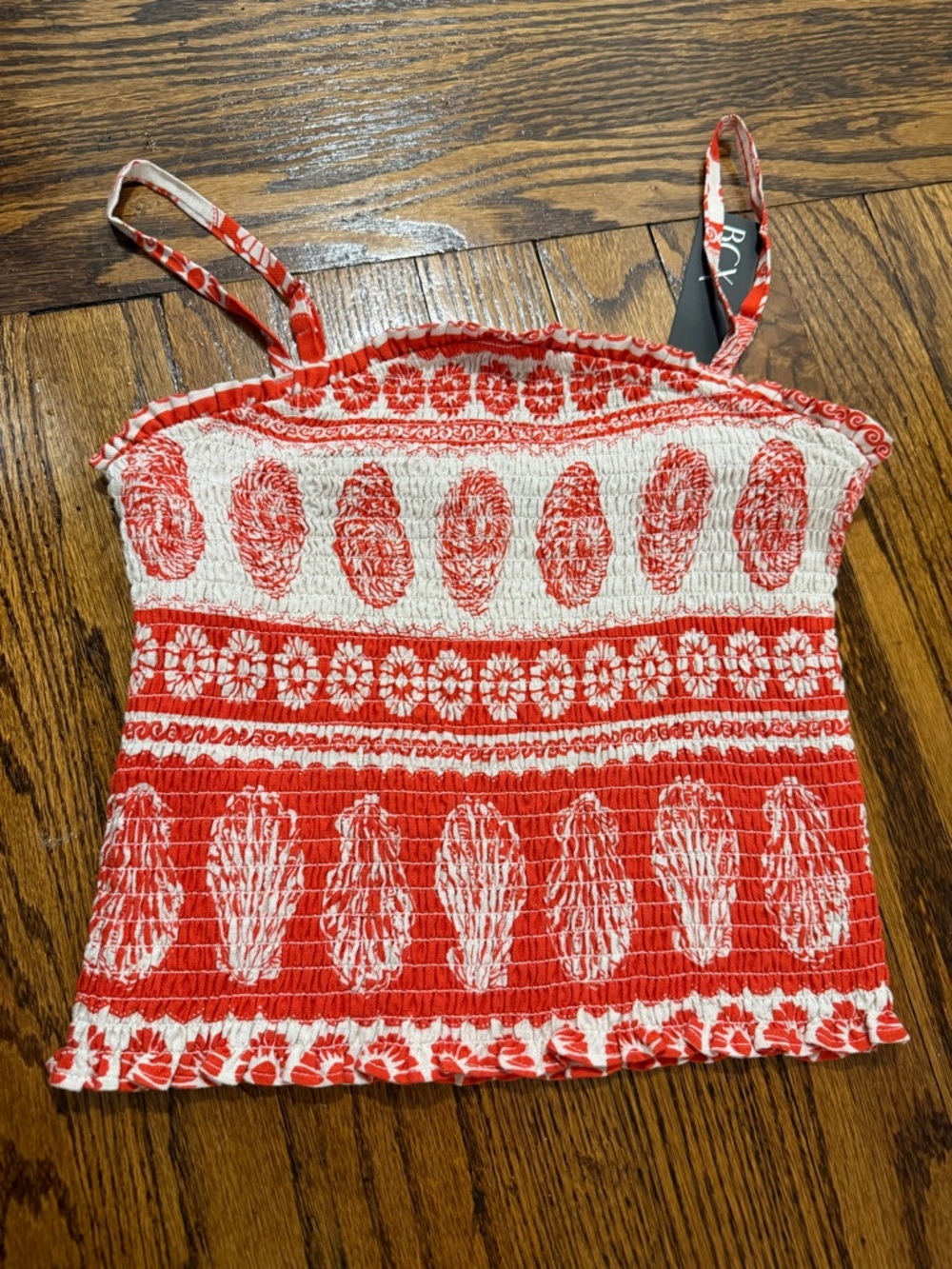 BCX Red and White Smocked Floral Print Cami
